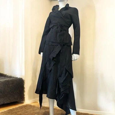 ZAPA black linen wrap jacket ruffle midi skirt suit coord  avantgarde minimalist - Image 1 of 4