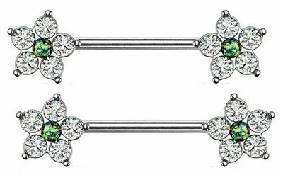 2 pc Surgical Steel 9/16" Opalite Glitter Center Flower Nipple Barbells Bar - Image 1 of 4