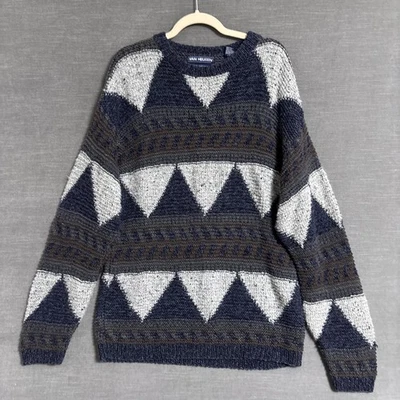 Vintage Van Heusen Sweater XL Blue Gray Geo Handknit Pullover 90s y2k Grandpa - Image 1 of 4