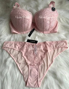 Ann Summers Sexy Lace Padded Plunge Bra & Brazilian Set Pale Pink 32A-38E - Picture 1 of 12