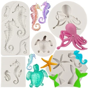 Meeresmotiv Fondant Silikonform Seepferdchen Meeresschildkröte Oktopus Seestern grau - Bild 1 von 9
