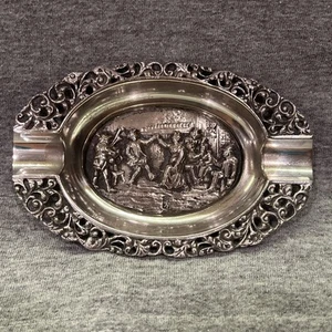 Antiker niederländischer Löwe zügelloser 934 Sterlingsilber Repousse Aschenbecher Tanzszene 6x3 - Bild 1 von 12