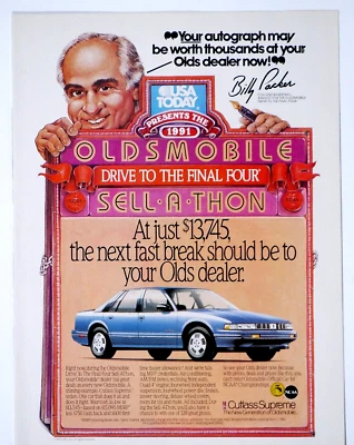 Billy Packer 1991 Oldsmobile Cutlass Supreme Vintage Original Print Ad 8.5 x 11" - Image 1 of 4
