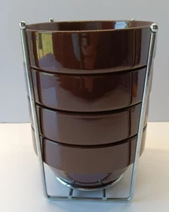 Crofton Soup/Cereal 16 oz Bowls Brown Stackable Set of 4 w/Metal Storage Rack - Picture 1 of 8