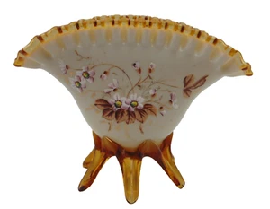 Harrach Victorian Hand Painted Pink Floral &Amber Applied Art Glass Fan Vase - Picture 1 of 16