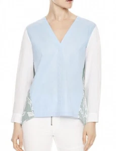 Blusa Sandro Top 3 Aria Color Block Inserto Pizzo Blu Verde Bianco Occhiello Nuova con etichette 280€ - Foto 1 di 12