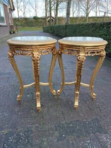 French Louis XVI Pedestals/ Side Tables in Gold With Beige Marble Top-A Pair