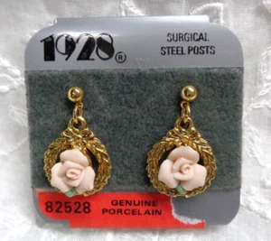 Estate Jewelry 1928 Genuine Porcelain PINK FLOWER ROSE Goldtone Dangle Earrings - Picture 1 of 3