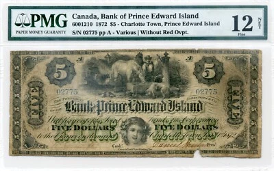 1872 $5 Bank of Prince Edward Island, No Overprint- Fine, PMG F12 - Image 1 of 2