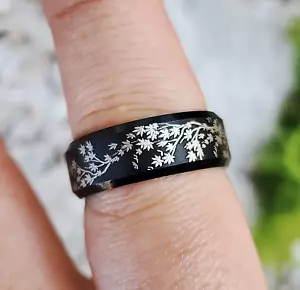 Engraved Tungsten Japanese Maple Tree Forest Tungsten Wedding Ring - 8mm Width - Picture 1 of 3