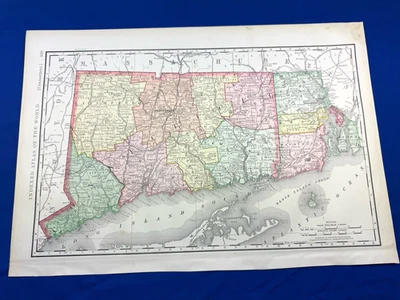 1898 Map CONNECTICUT & RHODE ISLAND Rand McNally 21.5" x 14.5", Colored COUNTIES - Image 1 of 4