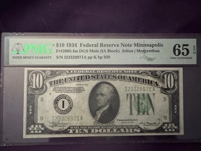 1934 $10 Fed Reserve 'Mule' Note Minneapolis - PMG 65 - S/N 123328971A - Image 1 of 2
