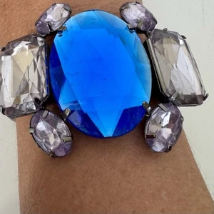 Hinged Clamper Bangle Bracelet Rhinestones Silver Tone Large Vintage Purple Blue - Picture 1 of 7