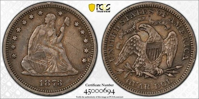 1873 P Seated Liberty Quarter PCGS VF-30 No Arrows, Closed 3 - Image 1 of 4