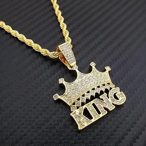 Colgante Corona KING CIRCONITA CÚBICA Tono Oro Helado 14K con Cadena de Cuerda de 24 Pulgadas Joyería Hip Hop - Imagen 1 de 9