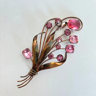 Broche estilo Art Deco cobre vintage ramo vidrio rosa 4,5" Foto 1 de 4