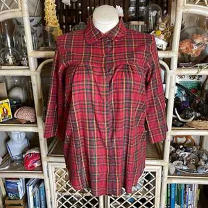 Vintage 90s Red Plaid Cotton Shirt with Lurex Stripes Peter Pan Collar Size M - Picture 1 of 10