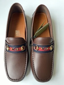 GUCCI Mens Web Stripe Horsebit Brown Leather Driving Loafer UK 12.5, US 13 $650 - Picture 1 of 9