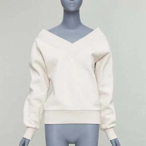 BURBERRY stone beige off shoulder cotton blend V neck sweater S - Picture 1 of 9