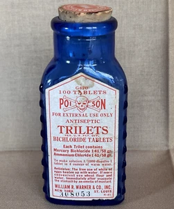 Antique Skull & Crossbones Cobalt Blue Triangular Poison Bottle w Trilets Label - Picture 1 of 8