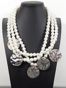 Bold White Faux Pearl Hammered Silver Tone Disc Layered Chunky Necklace 24 in - Picture 1 of 11