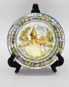 SIGNED Handpainted Plate With Country scene With Purple Floral Rim - Picture 1 of 6
