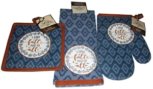 FALL Kitchen Towel~Ovenmitt~Potholder Set~ I LOVE FALL MOST OF ALL~BROWN TRIM - Picture 1 of 1