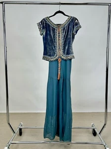 Vintage 1920s Blue Silk Dress w/ White & Pink Beaded Blue Velvet Top AS IS - Picture 1 of 18
