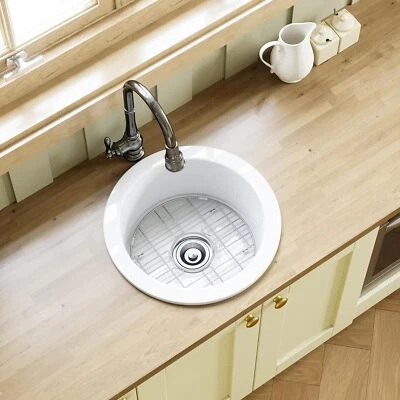 HOROW Fireclay Undermount/Topmount Kitchen Sink 18‘’ Round Ceramic with Grid