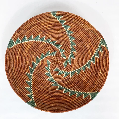 Vintage Coiled Woven Weave Basket Bowl Tray Wall Hanging Tan & Green 10 1/4" Cover
