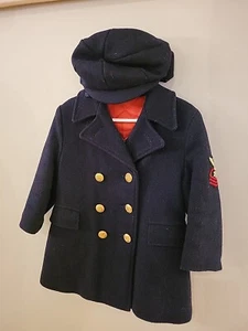 Vintage Solitaire Wool Navy Lined Childrens Pea Coat Size Small w/cap - Picture 1 of 18