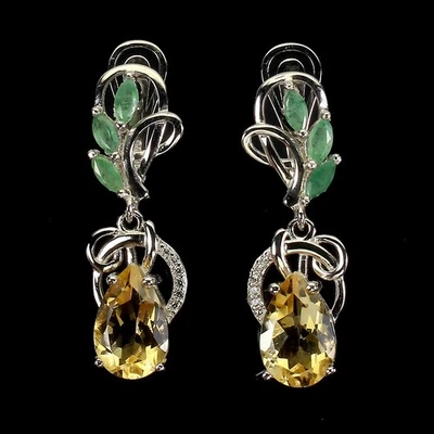 925 Sterling Silver Earrings Pear Citrine 12x8mm Emerald Gemstone Jewelry - Image 1 of 4