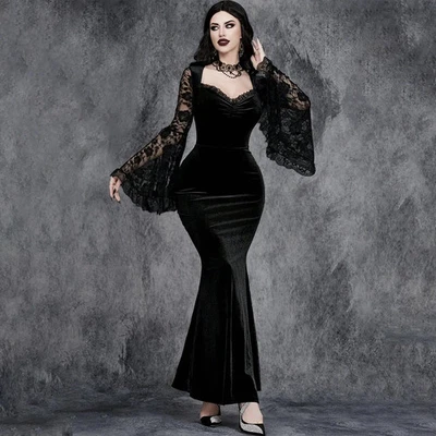 Vestidos de novia negros de encaje manga larga acampanada de novia sirena para mujer góticos Foto 1 de 4