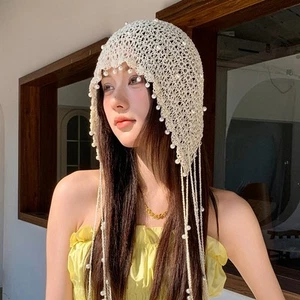 Mujeres Retro Prendas para la cabeza Sombrero Crochet Gorro Encaje Borla Perla Tejido Hueco Gorra - Imagen 1 de 16