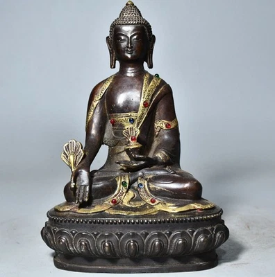 Antigua estatua de Buda de Buda medicina incrustación de gema dorada de latón budismo arcaico de 8,3" Foto 1 de 4