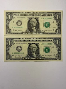 Three In A Row 6s Five Of A Kind 6s District 6 One Dollar Bill Set Of Two Notes - Picture 1 of 9