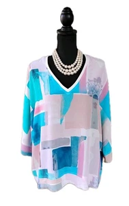 Tyler Boe Silk Top S Blue White Pink Gray Green V Neck Watercolors Women's Tunic - Picture 1 of 4