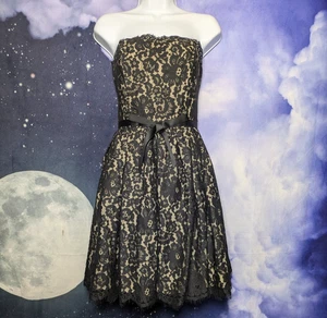Black Lace Strapless Cocktail Dress Nude Lining Gothic Glam Princess Size 8 - Picture 1 of 11