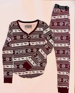 PINK Women’s Sz SP Fair Isle Burgundy Lightweight Cotton Blend 2 Pc Pajama Set - Picture 1 of 4