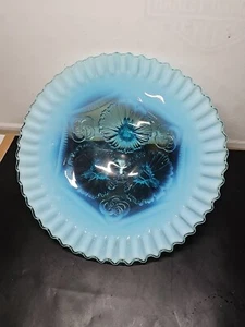 Vintage Northwood Jefferson Ruffles Rings Large Footed Dish Bowl Blue Opalescent - Picture 1 of 4