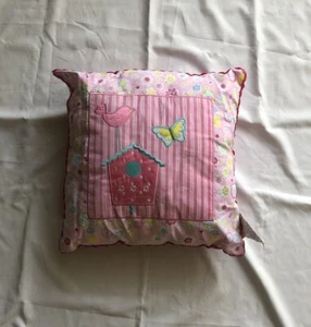 Cottage Pink Grandma Floral Embroidered Bird House Design Pillow Decorative - Picture 1 of 5
