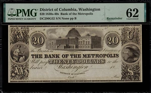1830's $20 Obsolete - Washington, DC Bank of Metropolis - PMG 62 Comment - Picture 1 of 2