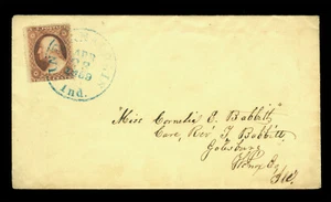 US 1859.APR.03 Washington 3c dull red Sc 26 on cover w/ blue INDIANAPOLIS CDS - Picture 1 of 3