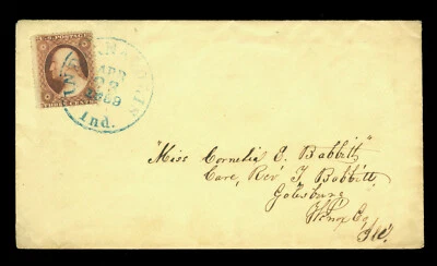 US 1859.APR.03 Washington 3c dull red Sc 26 on cover w/ blue INDIANAPOLIS CDS - Image 1 of 3