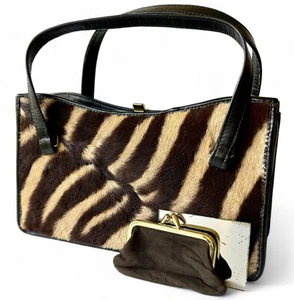 Vintage CORBEAU CURIO Zebra fur 100% leather bag purse mirror AFRICA 1950's NEW - Bild 1 von 11