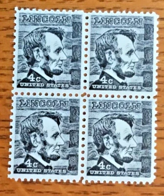 Old Historical Block of 4 1965 Lincoln 4 cent US unused #1282  & low ship - Image 1 of 3