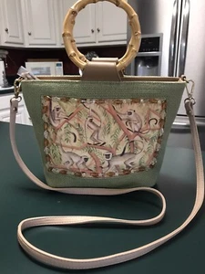 Bueno Monkey Pattern Woven Canvas Hand Or Shoulder Bag Bamboo Handles Never Used - Picture 1 of 18