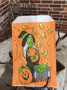 Vintage NOS Halloween Paper Candy Treat Bag- Green Witch, Cauldron, Candy Corn - Picture 1 of 5