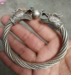 China Tibetan Silver Hand-made Engraving Double-headed Dragon Bracelet - Picture 1 of 2