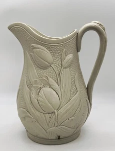 Antique Parian pitcher in high relief w old make do staple repair Parian ware - Picture 1 of 9